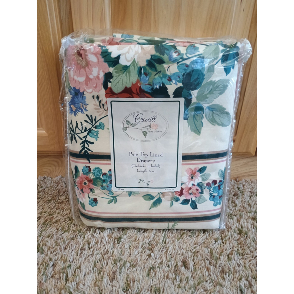 NOS Vintage Croscill Country Manor Pole Top Lined Drapery W/ Tiebacks 84"X84"